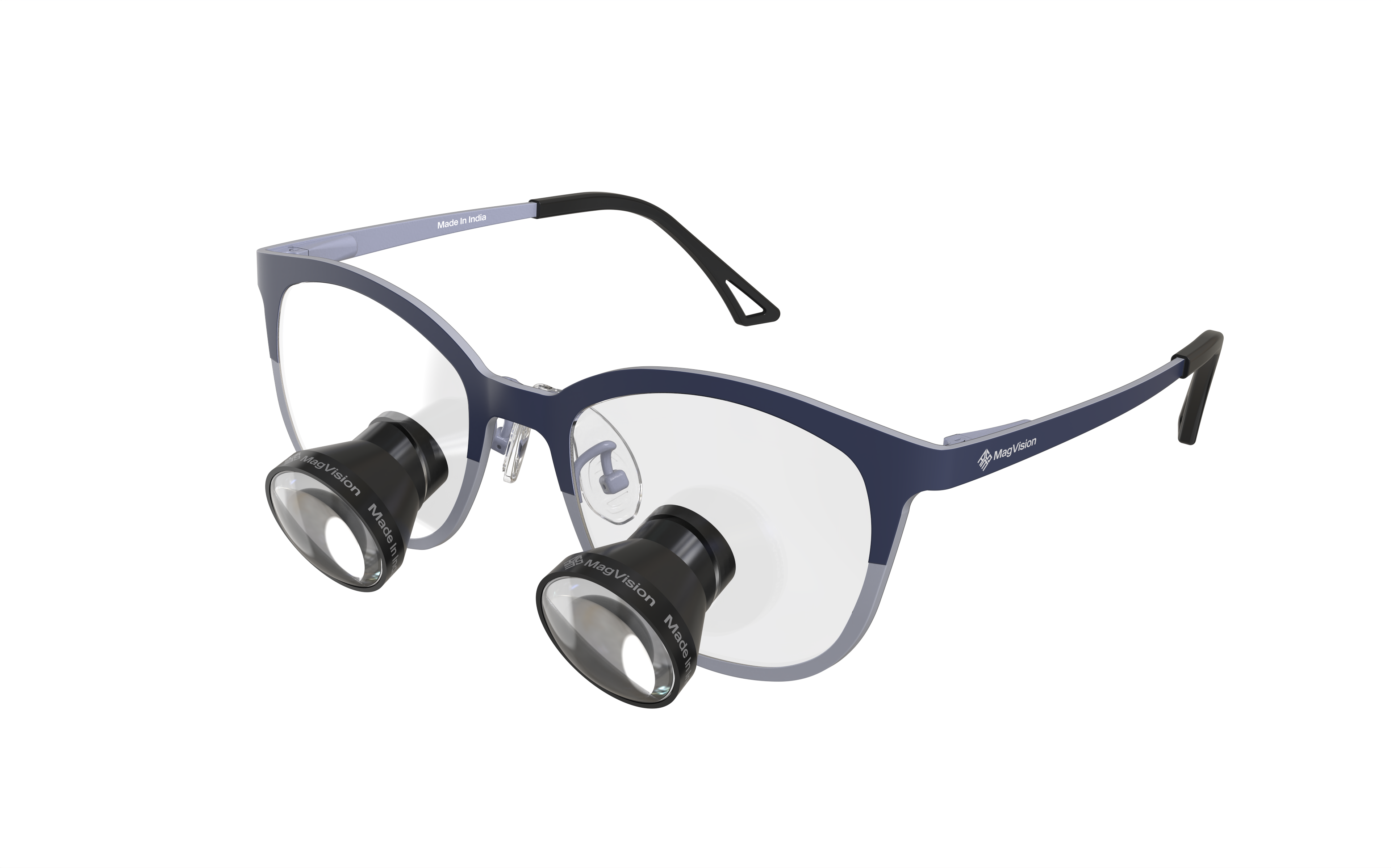 MagVision Galilean loupes mounted on a titanium frame